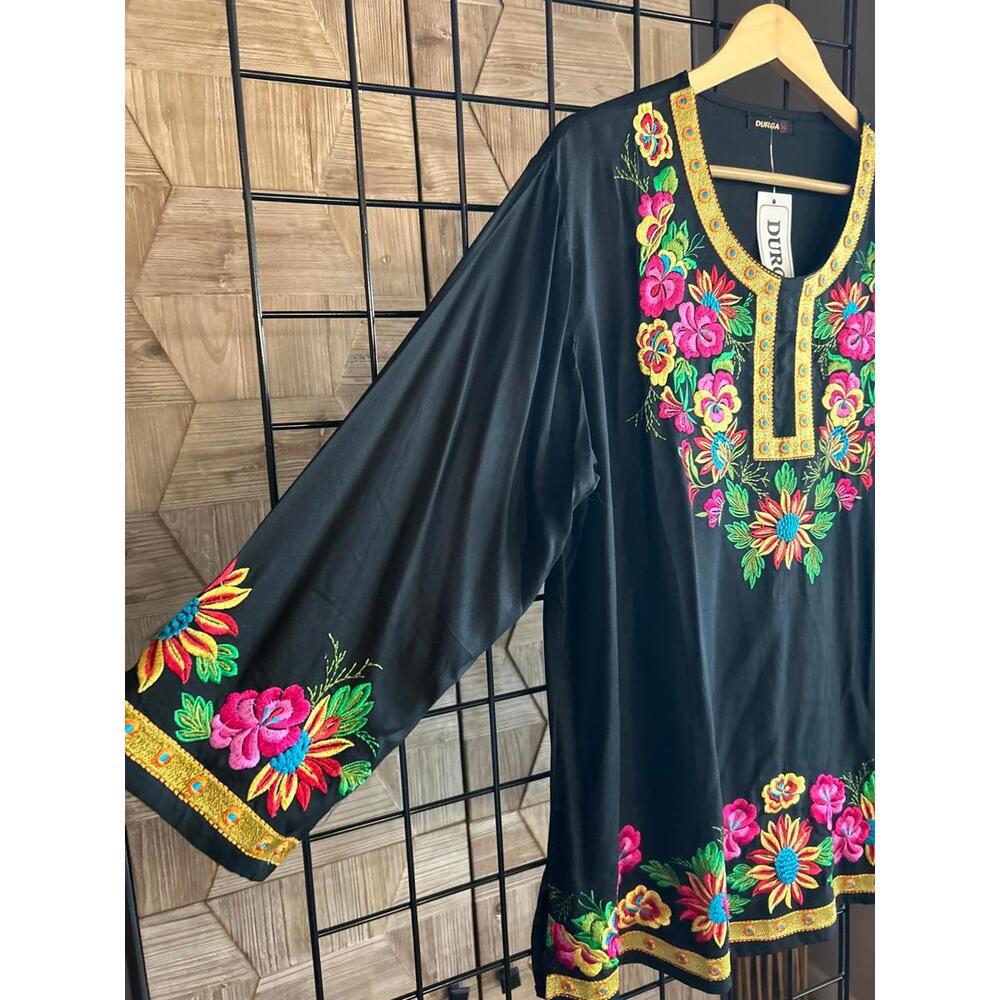 NWT Durga Tunic XL Black Pink Floral Embroidered 3/4 Sleeve - Picture 3 of 7